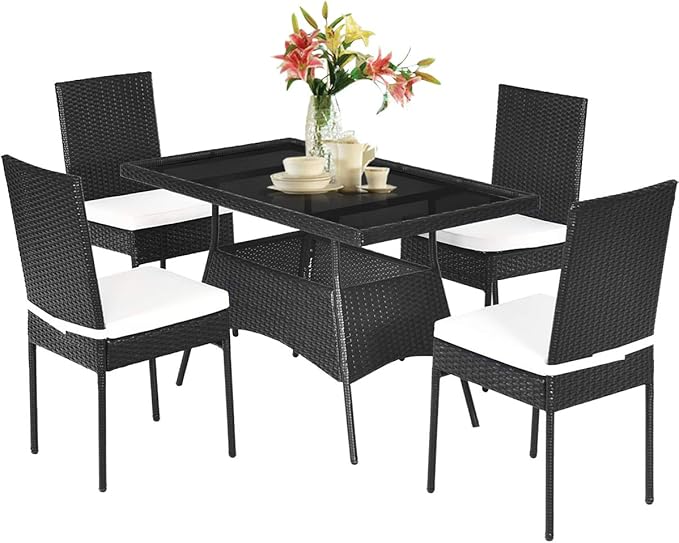 5 Piece Patio Wicker Dining Set, Outdoor Rattan Table and Chairs