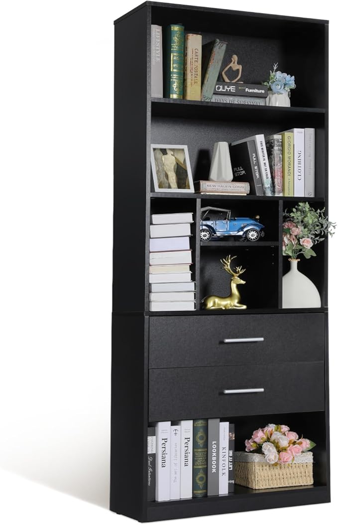 White Bookshelf, 71" Tall Bookcase with 2 Drawers, Wooden Bookcases 4-Tier Open Shelves