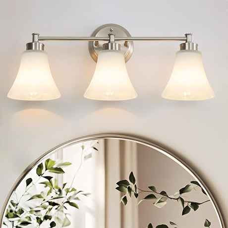 3 Light Vintage Brushed Nickel Vanity Lighting Fixtures over Mirror