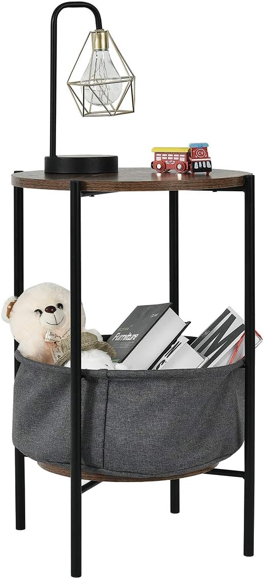 Side Table with Fabric Basket, Sofa Table with Metal Frame & Wood Top, Mufti-Functional