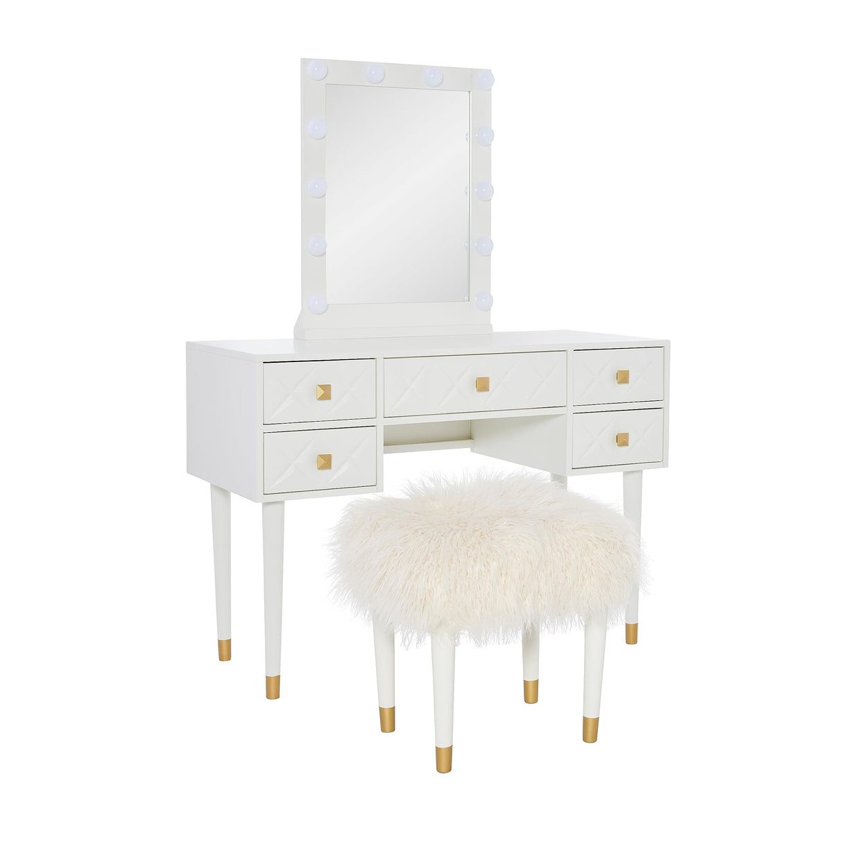 Makeup Vanity Two Piece Set with Lighted Glam Mirror Accents, White and Gold