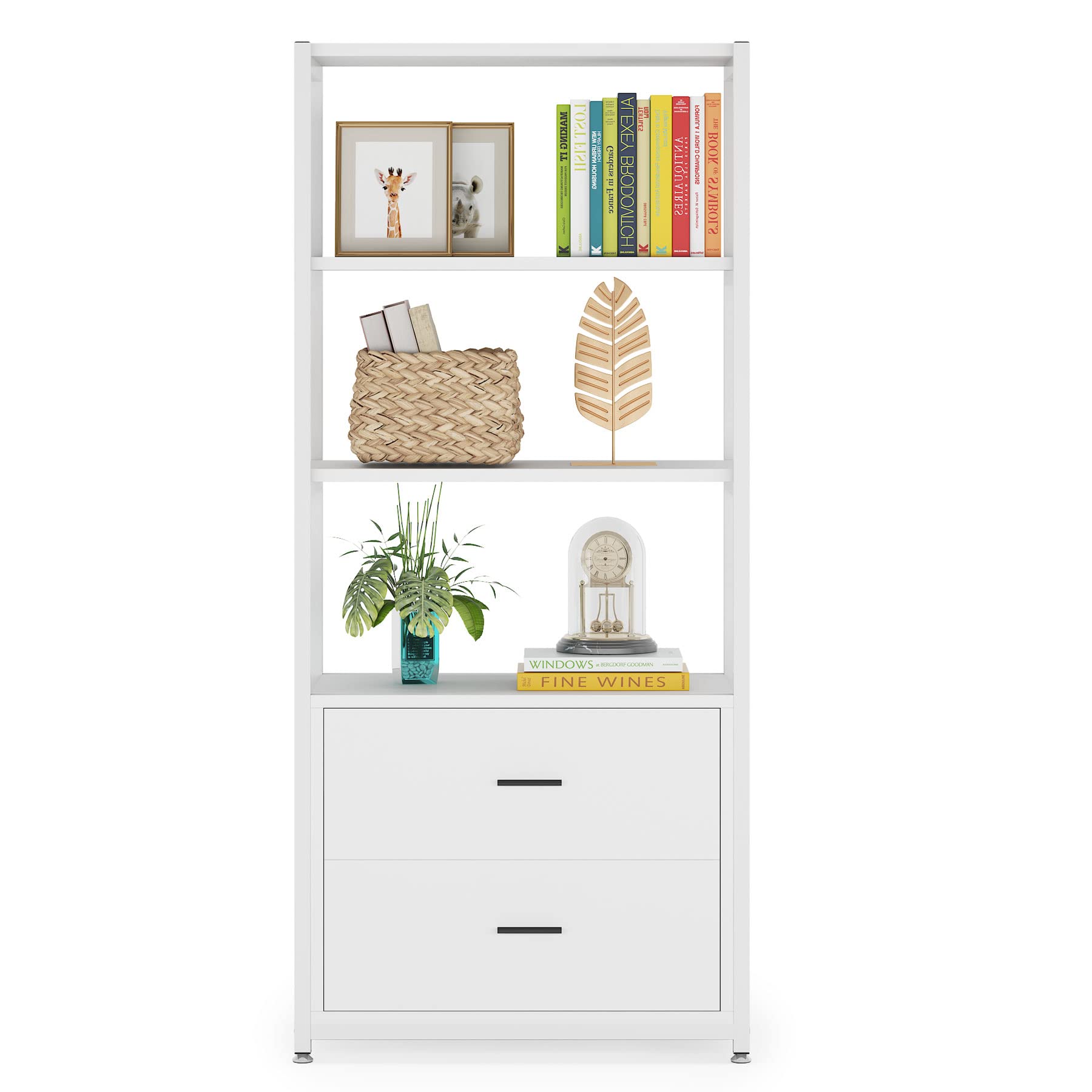 , 4-Tier White Bookshelf with 2 Drawers, Etagere Standard Book Shelves Display Shelf for Home Office (White)