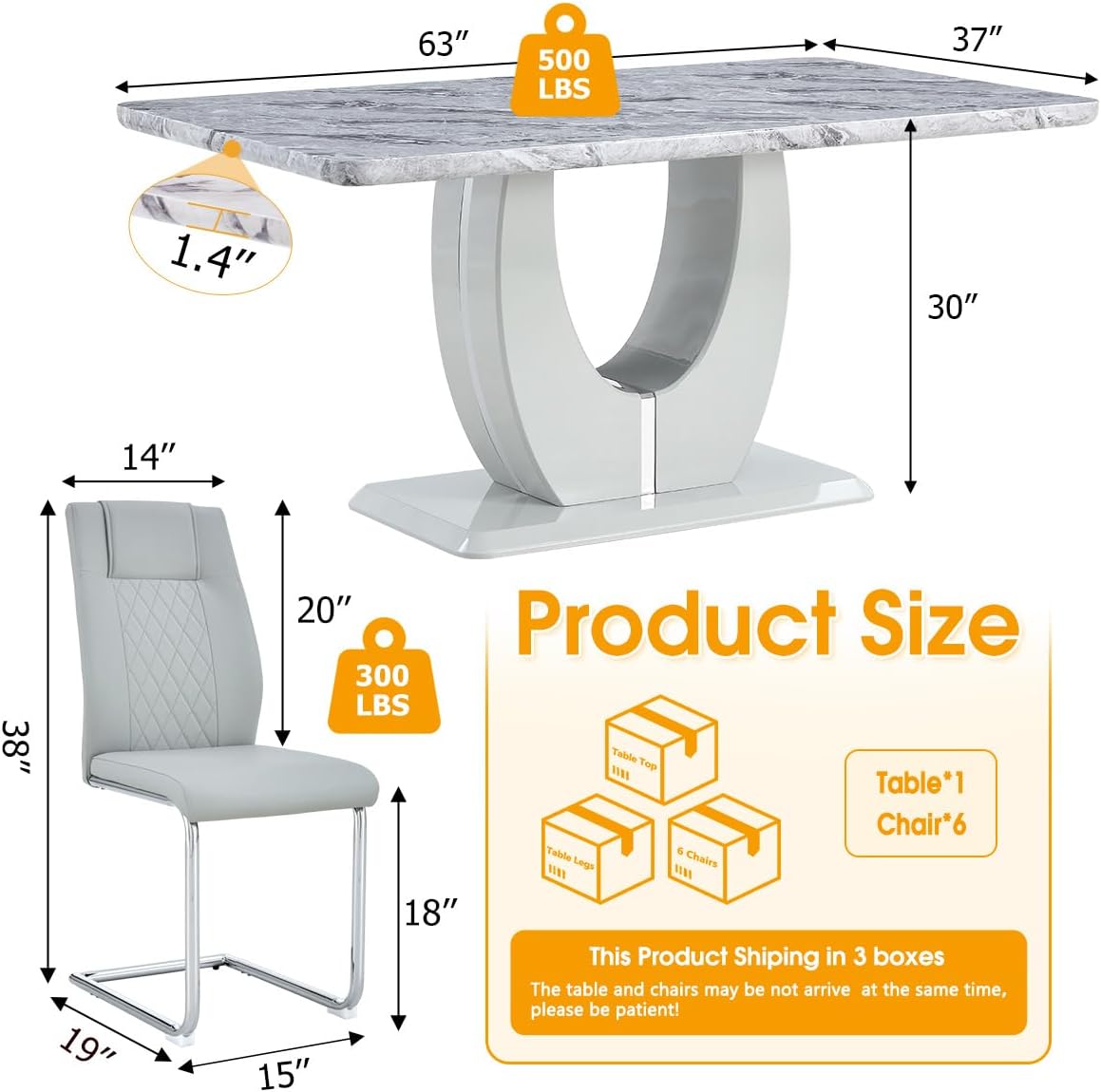 Modern 7-Piece Dining Set - 63" Faux Marble Table with 6 Upholstered Chairs