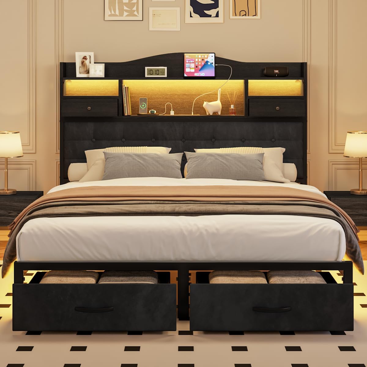 Full Bed Frame with Storage Headboard and LED Lights