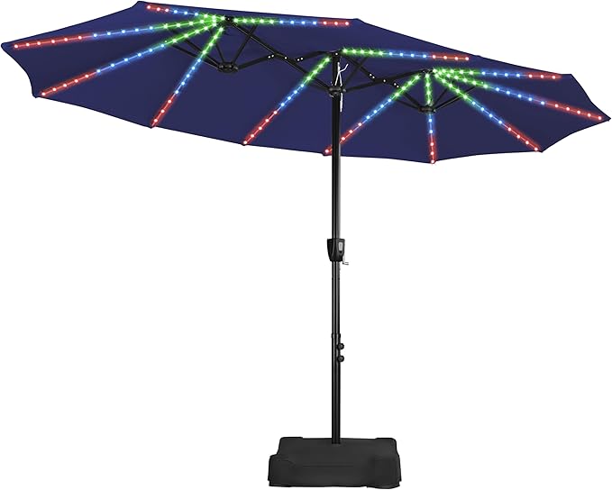 15 ft Large Patio Umbrella with Solar Lights, Double-Sided Rectangle Outdoor Market Umbrellas