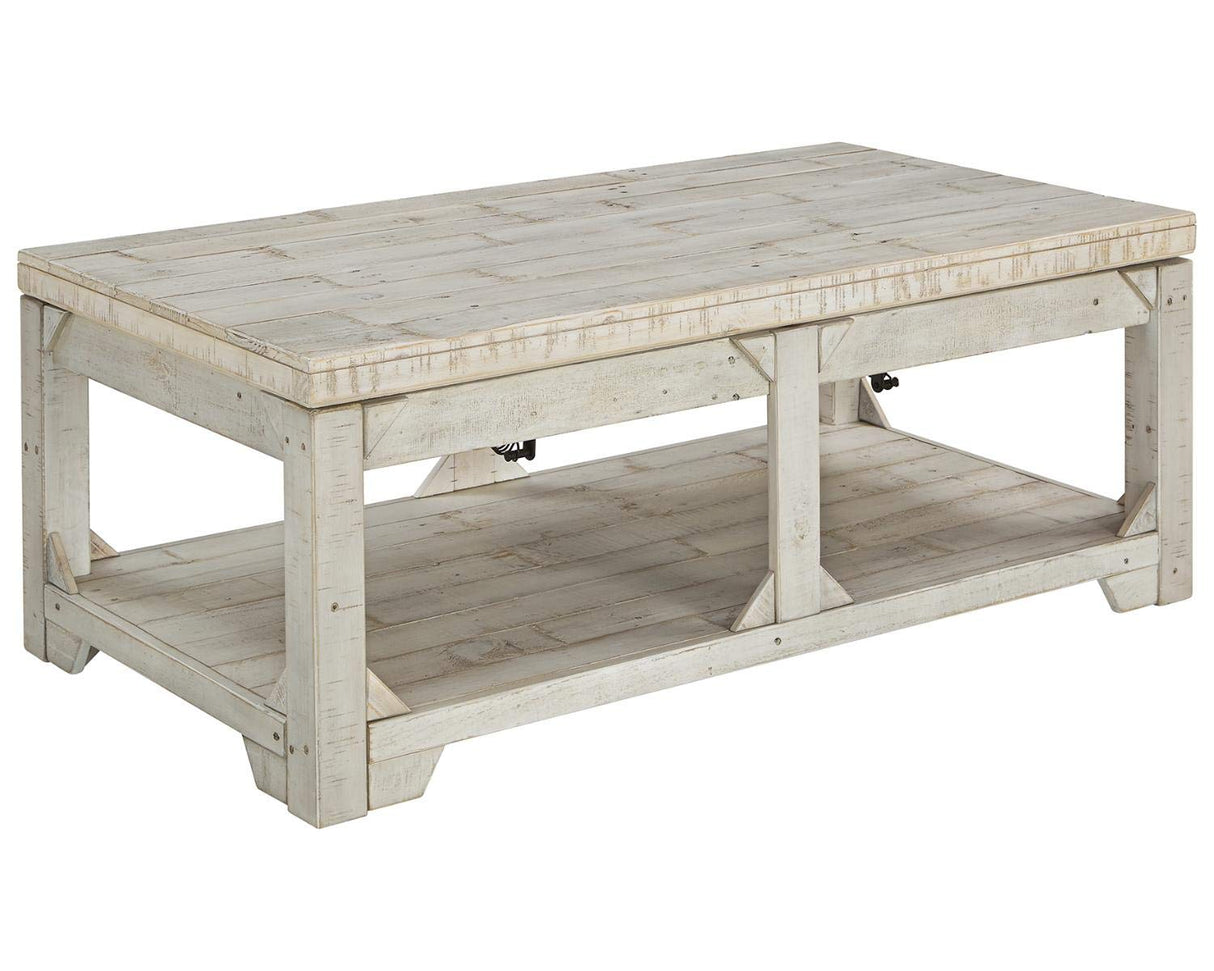 Fregine Farmhouse Rectangular Lift Top Coffee Table with Floor Shelf, Whitewash