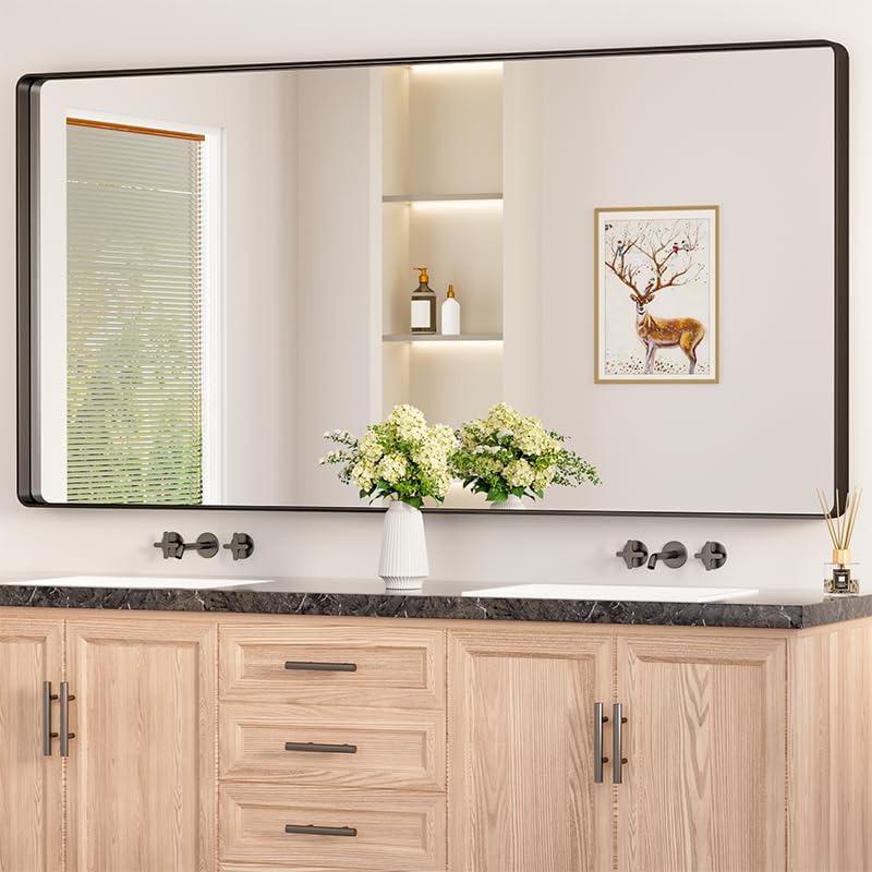 Black Bathroom Mirrors for Over Sink, 72” x 36” Large Rounded Rectangle Bathroom