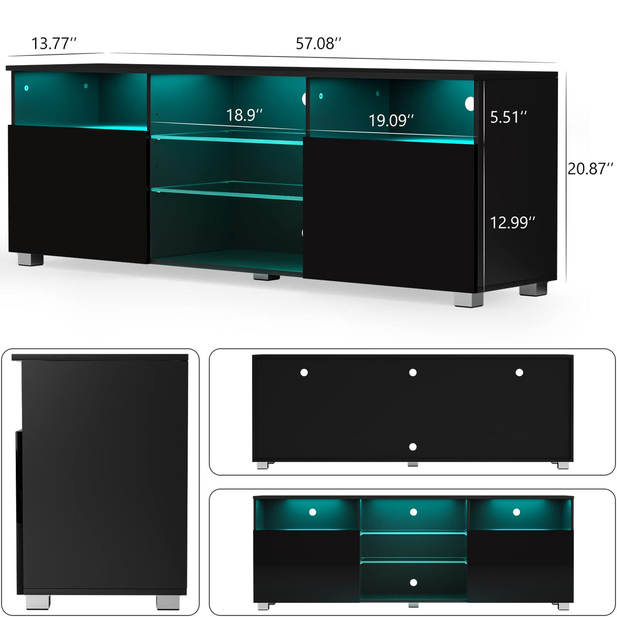 LED TV Stand for 65 inch TVs, Modern TV Stand with LED Lights and High Glossy Cabinets