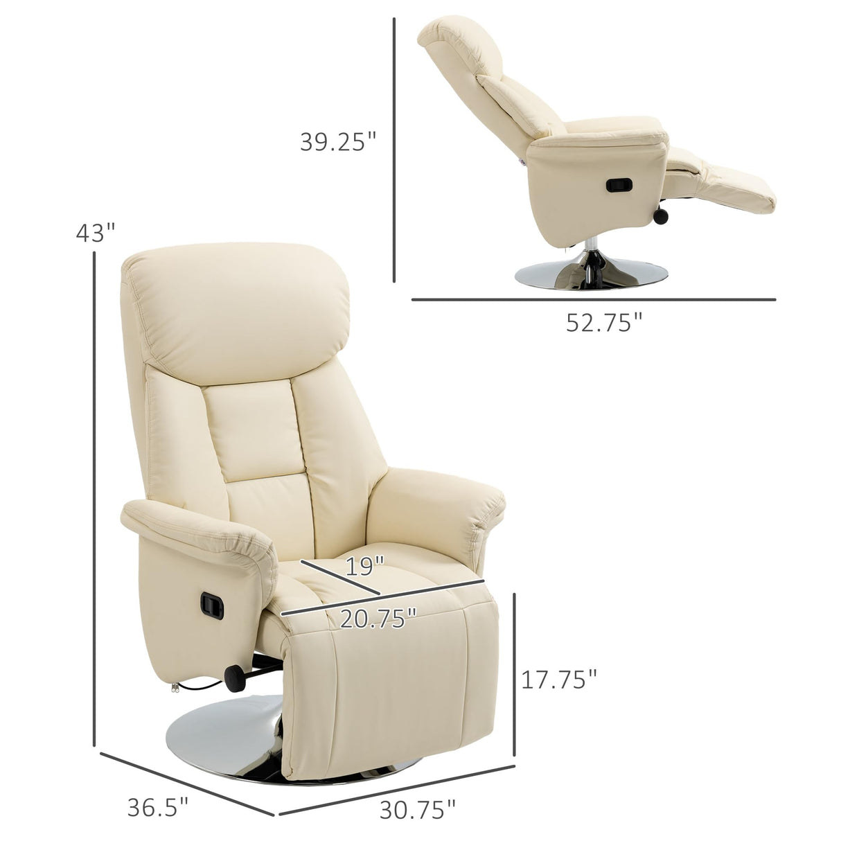 CHARMMA Manual Recliner Chair for Adults, Adjustable Swivel Recliner with Footrest, Padded Arms, PU Leather Upholstery and Steel Base for Living Room, Cream White