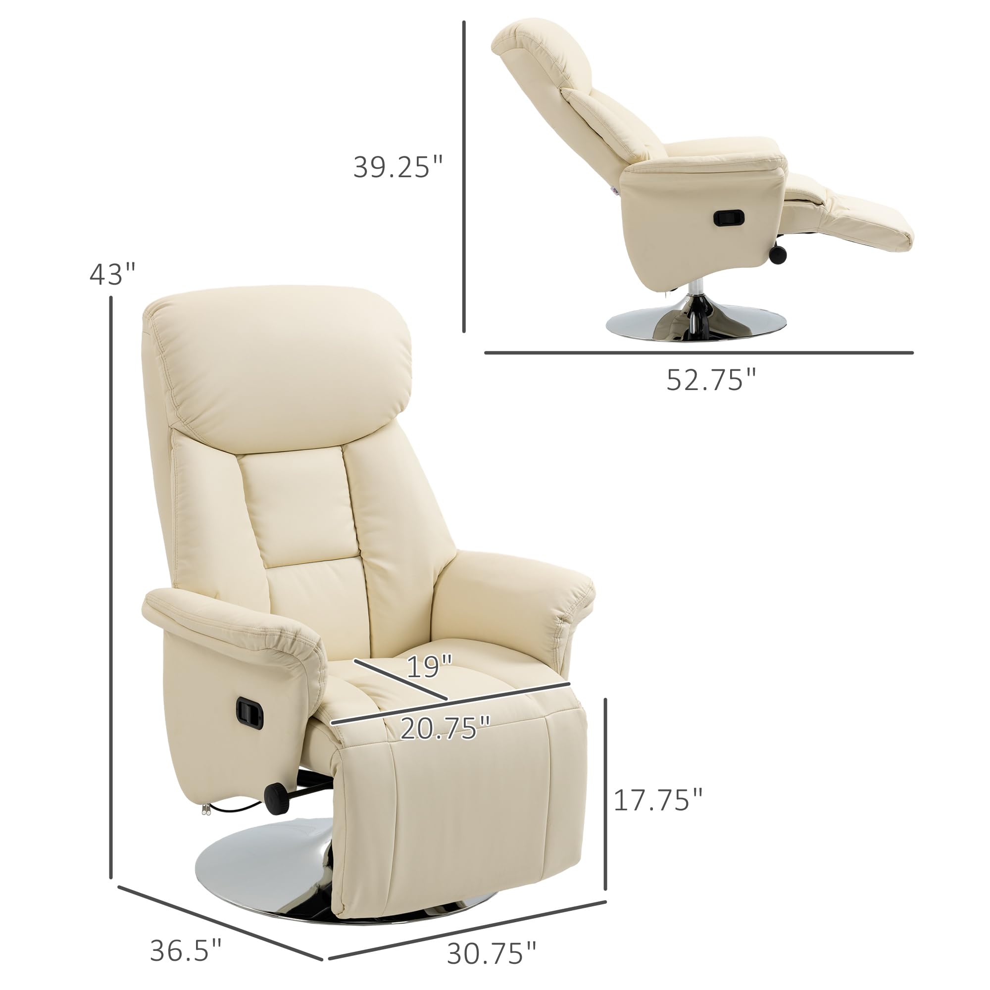 CHARMMA Manual Recliner Chair for Adults, Adjustable Swivel Recliner with Footrest, Padded Arms, PU Leather Upholstery and Steel Base for Living Room, Cream White