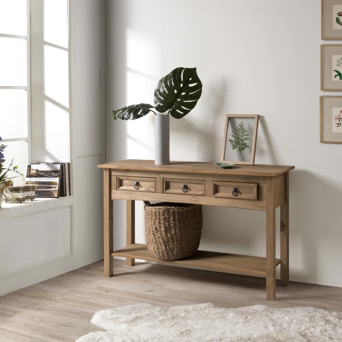 Solid Pine Hall Table Console with 3 Drawers - Corona Brown