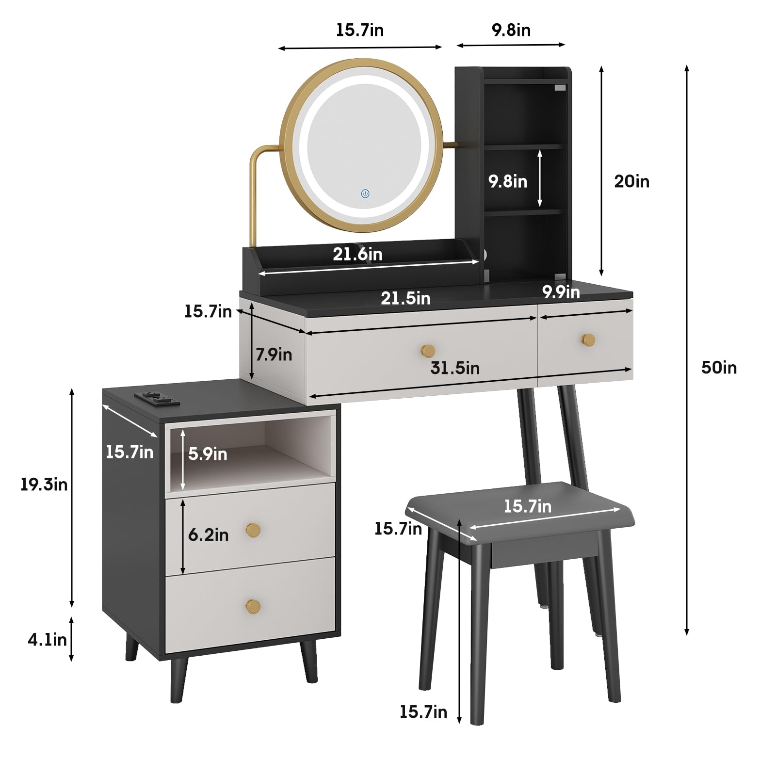 Makeup Vanity Desk with Mirrors and Light, Vanity Stool Set with Charging Station & 4