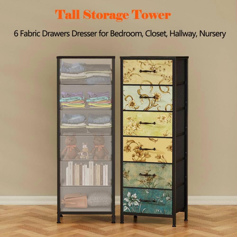 Furnulem Tall 6 Drawers Dresser, Vintage Storage Organizer Unit with Fabric Bins for Bedroom