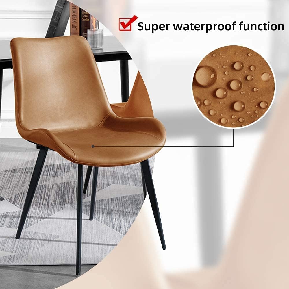 HIPIHOM Modern Dining Chairs Set of 4, Upholstered Faux Leather Cushion Seat and Sturdy Metal Legs (4 Brown Chairs)