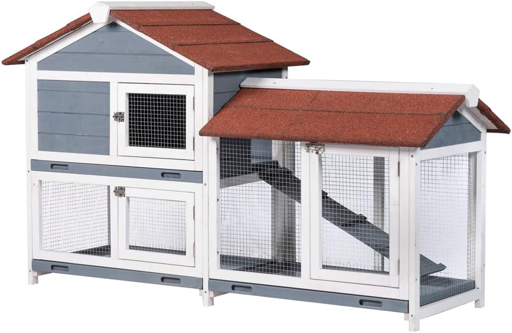 Two Floors 62" Wooden Outdoor Indoor Roof Waterproof Bunny Hutch Rabbit Cage