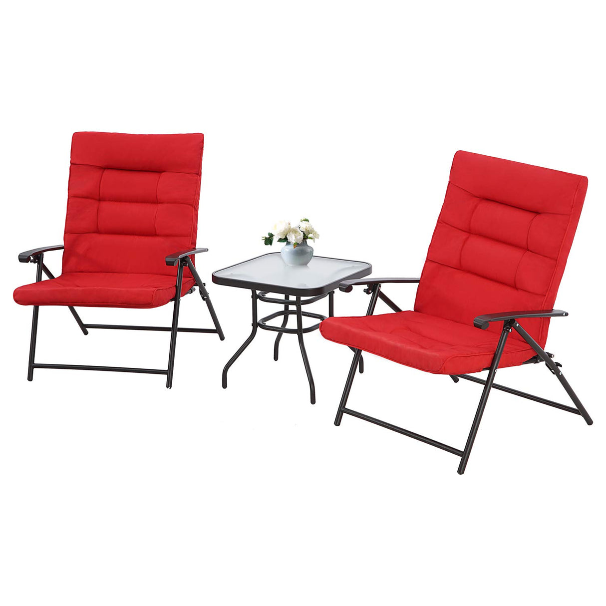 3 Pcs Folding Chair Set Outdoor Furniture Adjustable Reclining Bistro Set with Red Cushions