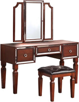 60 Inch Vanity Desk Set, Upholstered Stool, Trifold Mirror, Black and Brown