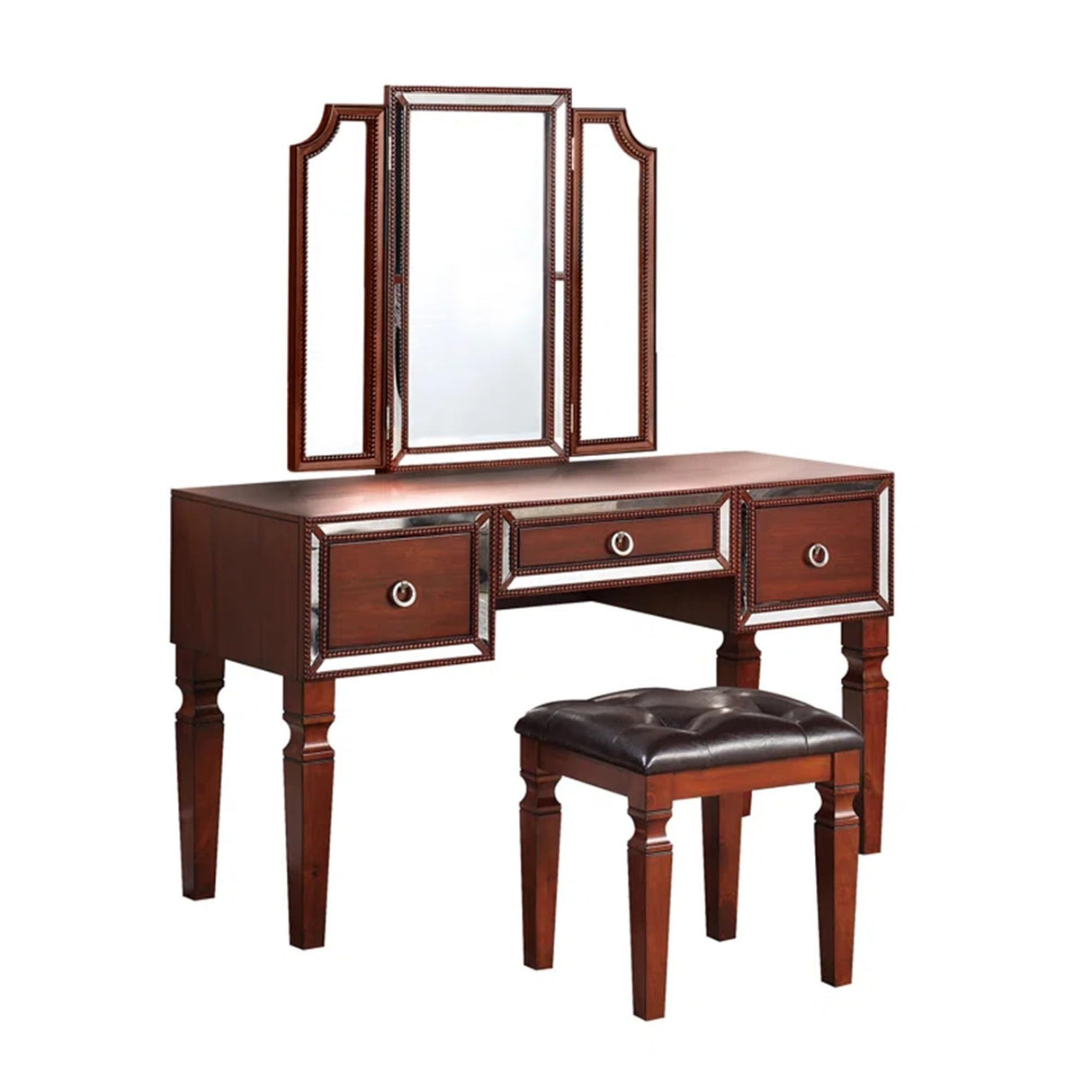 60 Inch Vanity Desk Set, Upholstered Stool, Trifold Mirror, Black and Brown