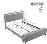 Forrise Queen Bed Frame with Headboard, USB Charging Station and LED Light, Footstool, Upholstered Platform Bed Frame with Living Space, Wood Slat Support, Solid Wood, Gray