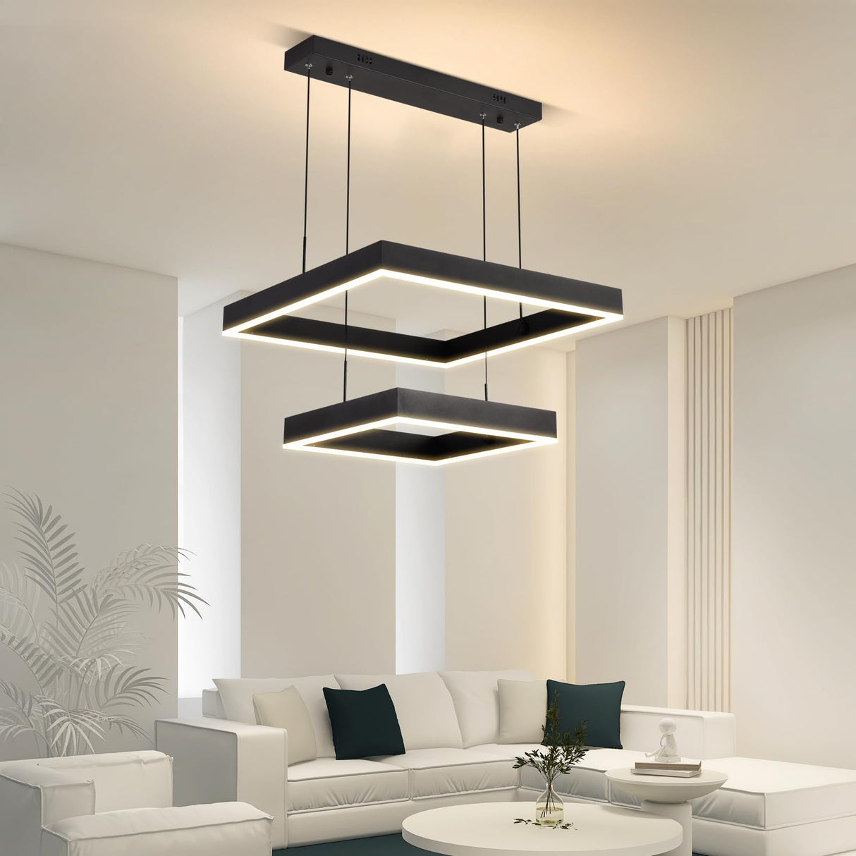 Behsig Modern Led Chandelier,2 Ring Rectangle Chandelier for Dining Room,Dimmable Black Modern Chandelier High Ceiling Hanging Lighting Fixture with Remote,Adjustable Foyer Chandelier