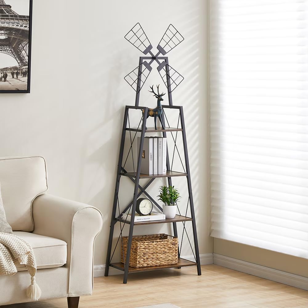 4 Tier Book Shelf, A-Shaped Display Bookcase w/Metal Frame for Books/CDs/Movies