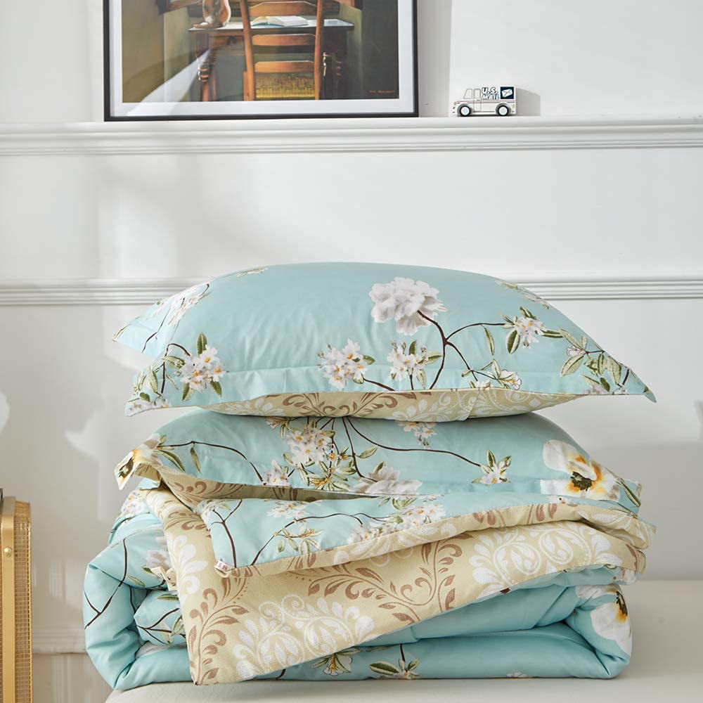 3pcs Floral Comforter Set Aqua, Elegant Flower Reversible Design, Twin Size Smooth Soft