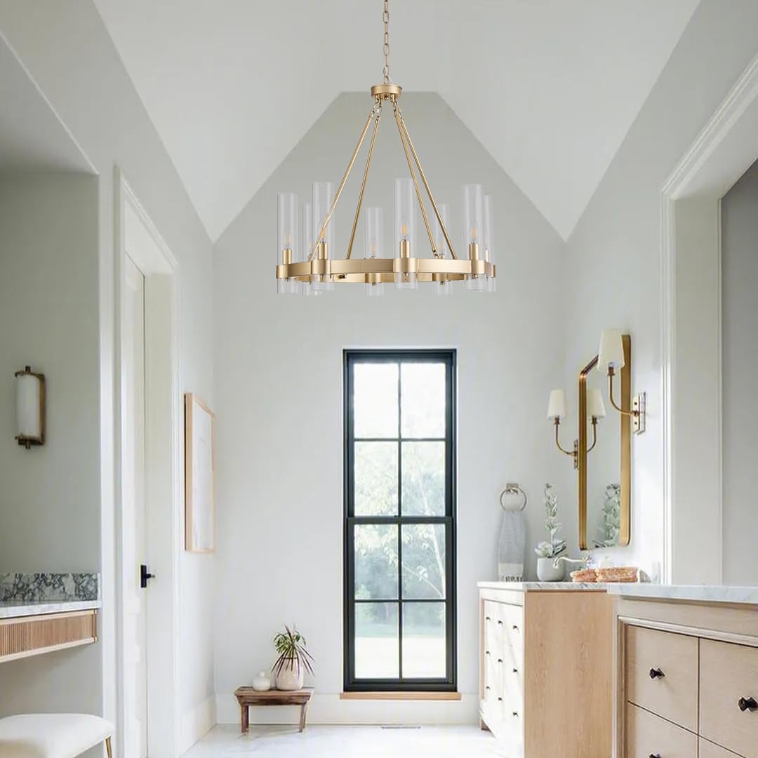 Wagon Wheel Chandelier 8-Light Glass Pendant Light, Industrial Modern Golden Pendant