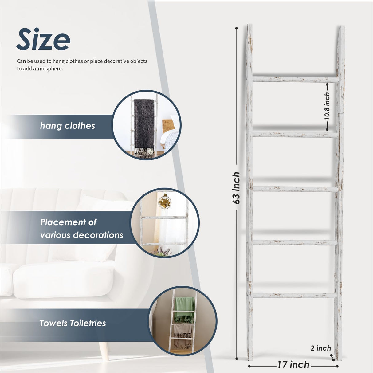 5-Tier Blanket Ladder Wooden, 5.3FT(63'') Blanket Quilt Holder Rack Decorative Ladder, Easy Assembly, Rustic Farmhouse Ladder Shelf for The Living Room Bedroom Bathroom Home Decor, White Wash