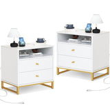 White Nightstands Set of 2 with Charging Station, Modern Bedside Table Set