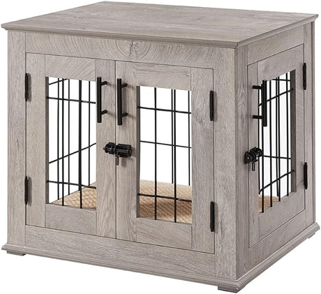 Furniture Style Dog Crate End Table, Wooden Wire Dog Kennel Double Doors with Pet Bed