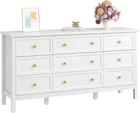 White Dresser for Bedroom, 9 Drawer Dresser with Wide Drawers and Gold Metal Handles