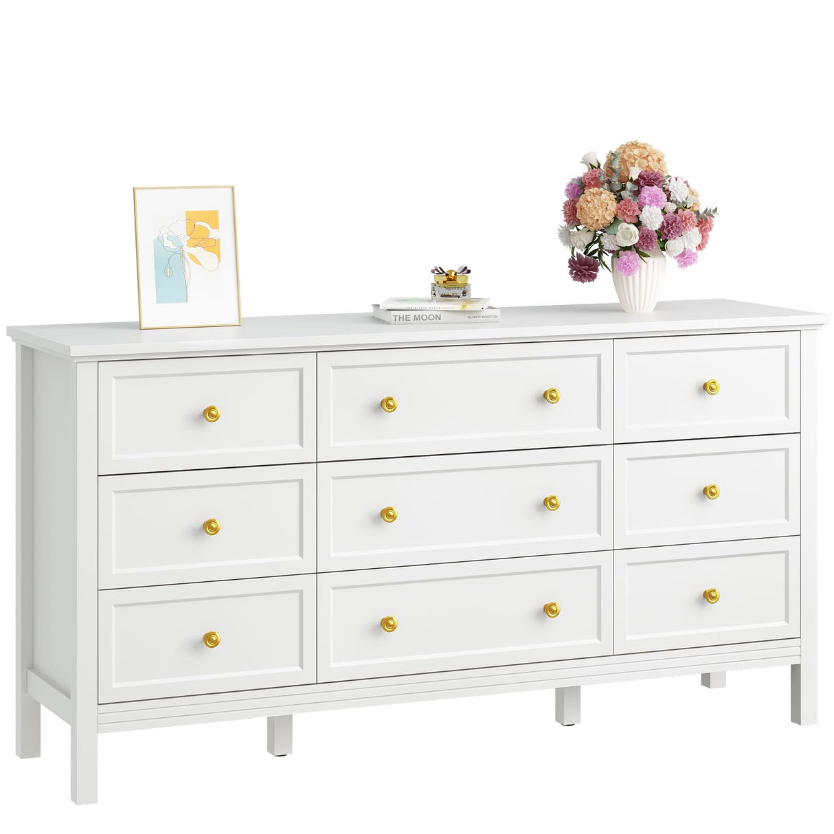 White Dresser for Bedroom, 9 Drawer Dresser with Wide Drawers and Gold Metal Handles