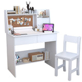 Drawing Desk with Wooden Tabletop Paper Roll Dispenser,White Kids Desk and Chair Set for 5-12 Year Old, Kids Study Table with Drawers and Storage Shelf-4p10