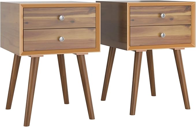 2PCS Wooden Nightstand Mid-Century End Side Table W/2 Drawers Natural