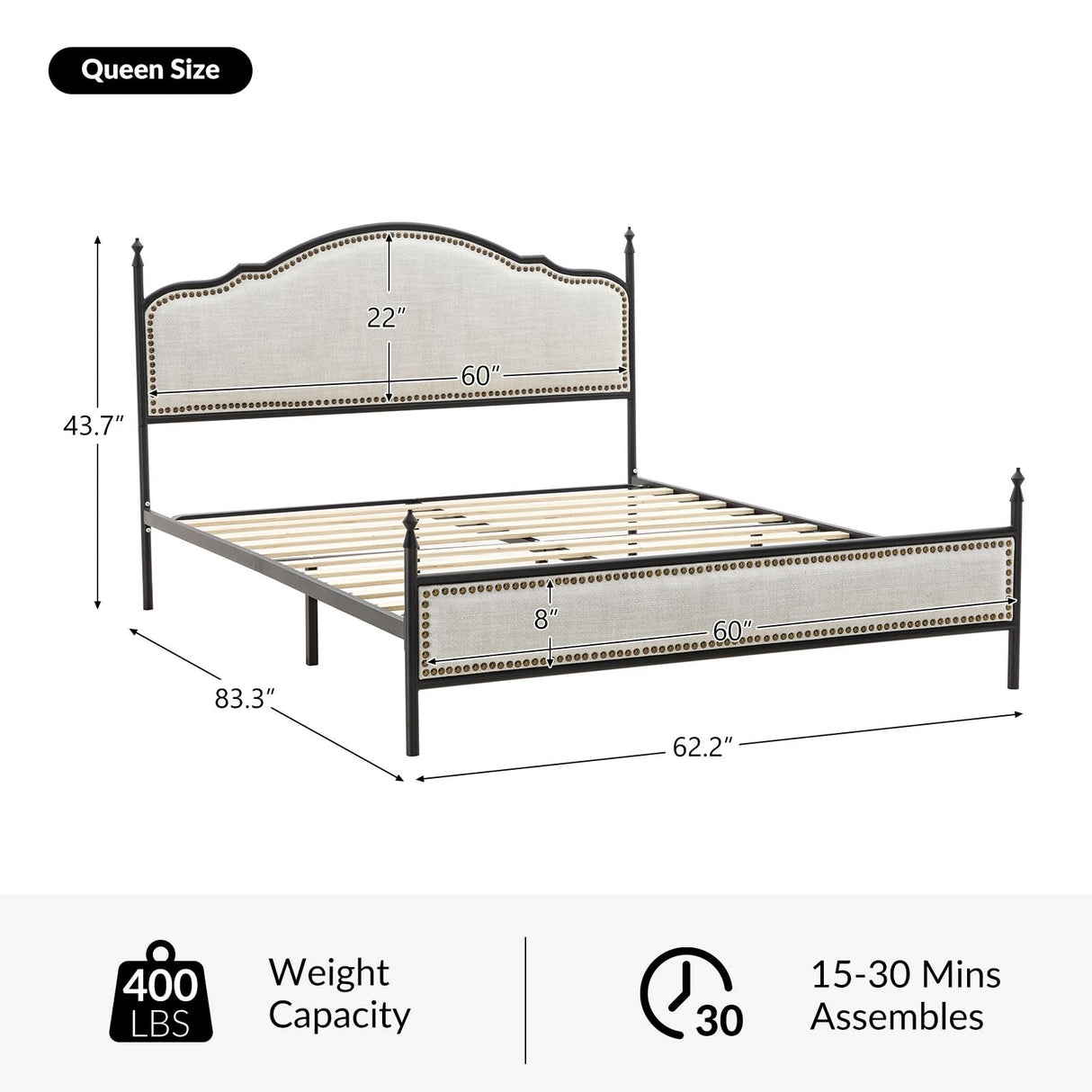 Queen Bed Frame with Headboard, Farmhouse Metal Platform Bed Linen Upholstered