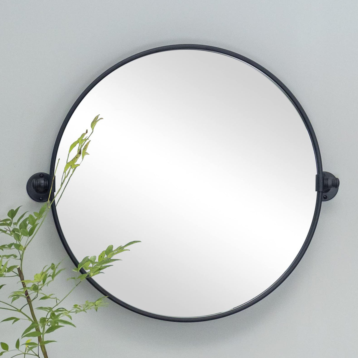 Round Pivot Bathroom Mirror - 24" Black Metal Framed Tilting Wall Mount