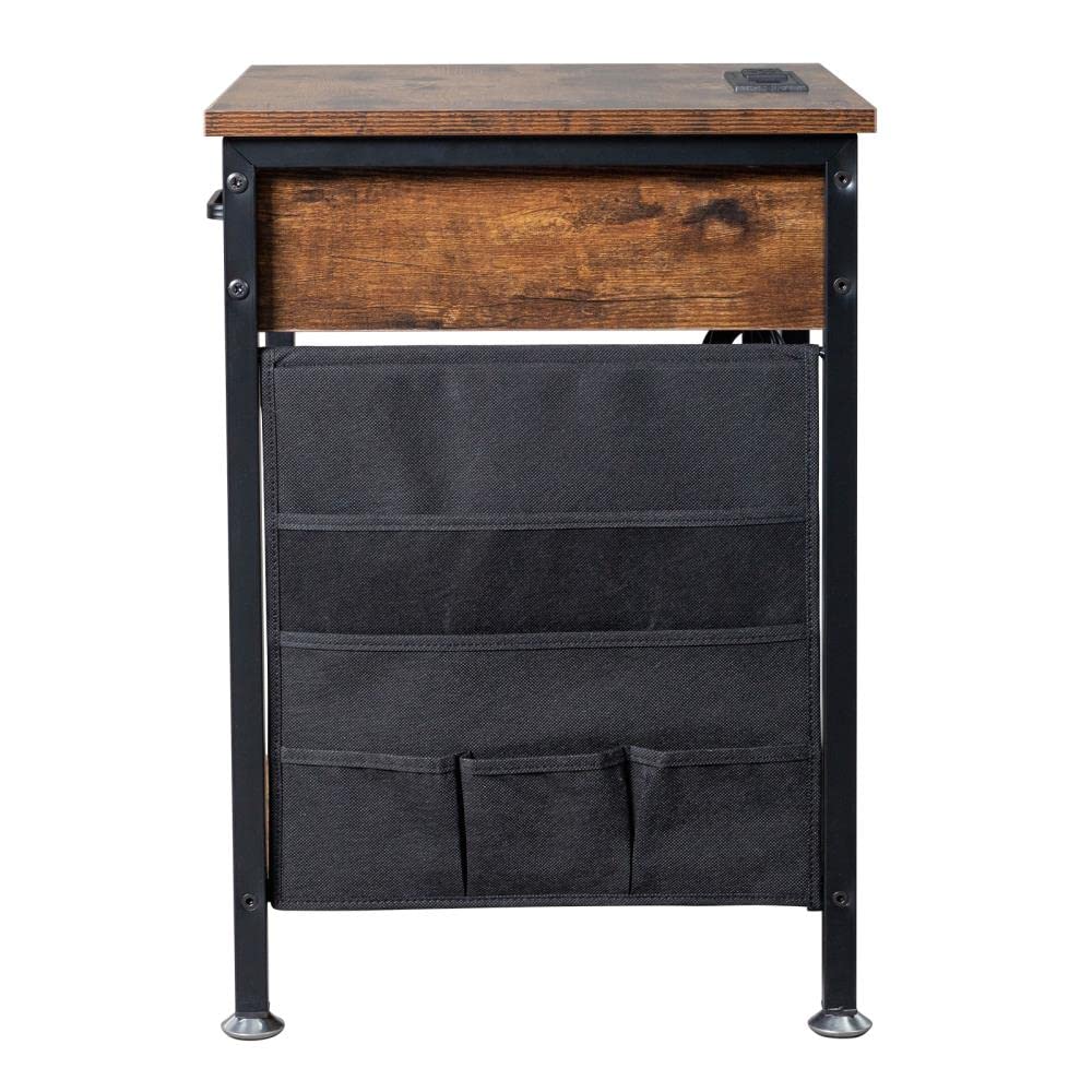 Bedside Table with USB Charging Port Removable Storage Bag & Triamine Black Pipes