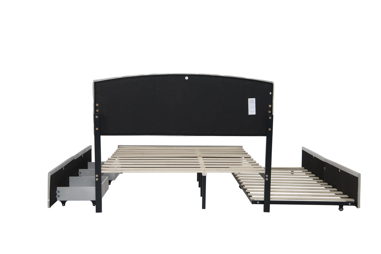 Plush Velvet Upholstered Platform Bed Frame with 2 Big Drawers Trundle for Kids Teens
