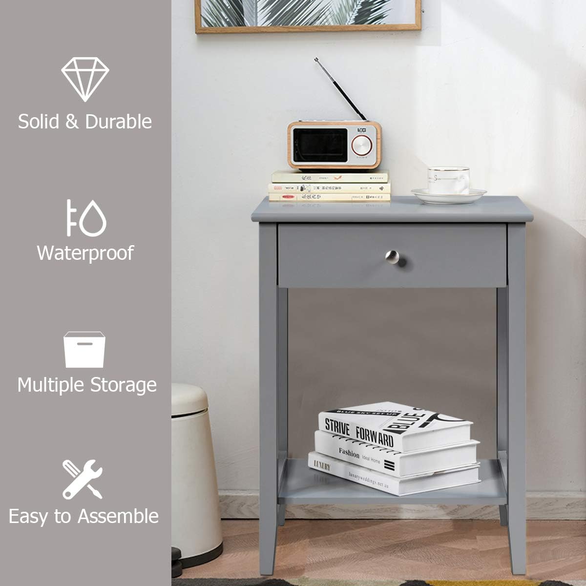 Nightstand Wooden 2-Tier Couch Sofa Side Table with Drawer, Storage Shelf