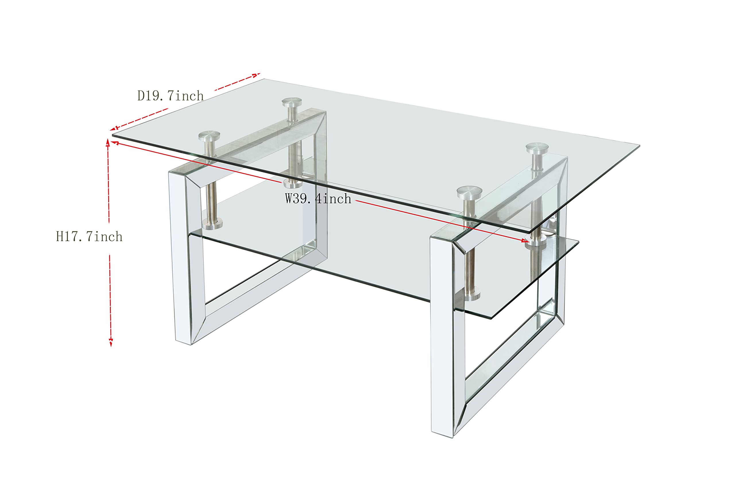 Mirrored Glass Coffee Table, Modern Side Coffee Table with Transparent Tempered Glass