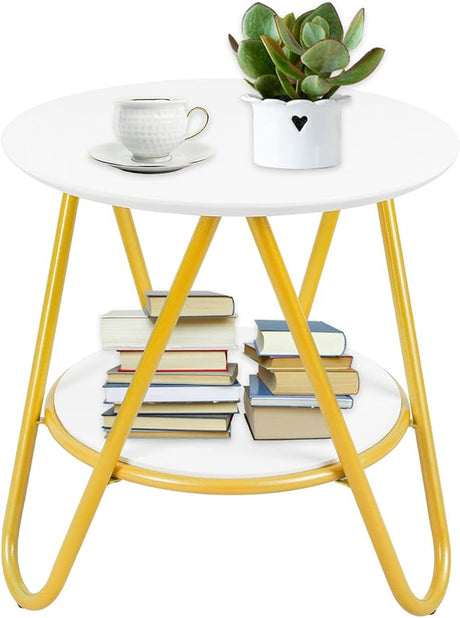 2-Tier Round Side Table, Small End Table with Metal Legs, Industrial Wood Beside Table