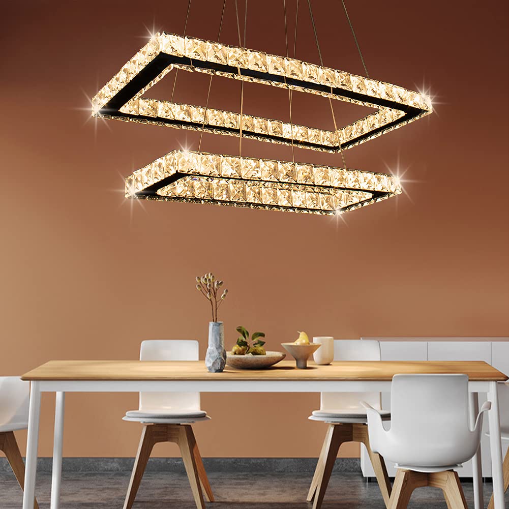 Modern Chandelier 2 Rings Rectangular Crystal Chandeliers LED Pendant Light Adjustable