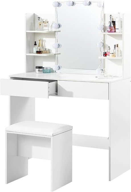 Desk with Mirror and Lights, Make Up Vanity Desk Set, Make Up Table and Stool Set