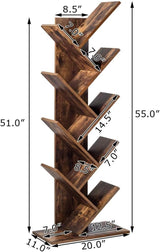 Tree Bookshelf, 9-Shelf Floor Standing Bookcase, Space Saving CDs/Albums/Books Holder for Living Room, Home Office, Book Organizer w/Anti-toppling Device (Rustic Brown)