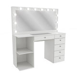 White Makeup Vanity Desk with Hollywood Mirror & Lights, Aine, 6 Drawers, 2 Shelves, USB-C/USB Outlet, Glam Glass Top