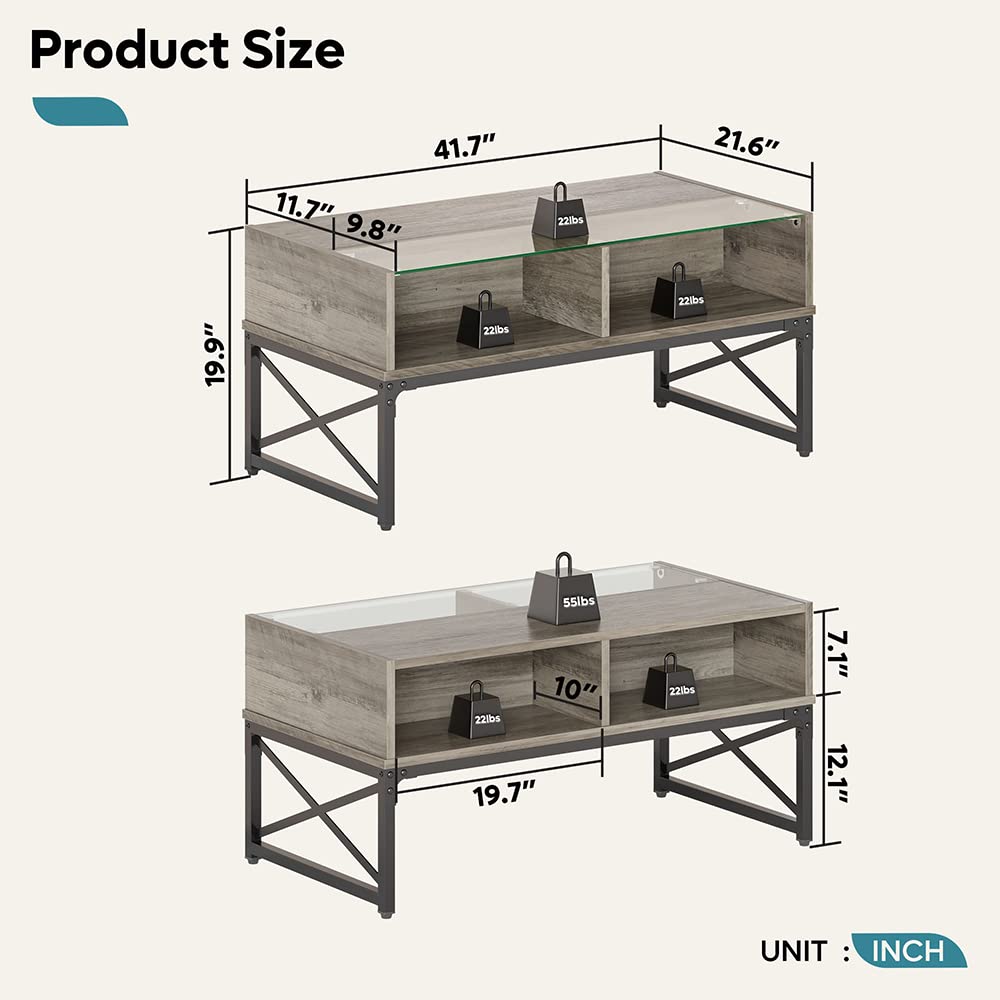 LED Coffee Tables for Living Room,Wood Center Table with Glass Top Game Night