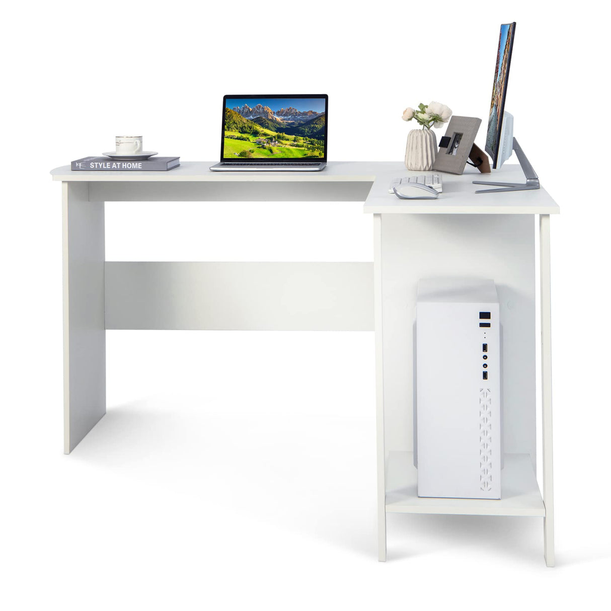 White L-Shaped Desk, 51” Modern Simple Style Writing Desk w/Storage Shelves