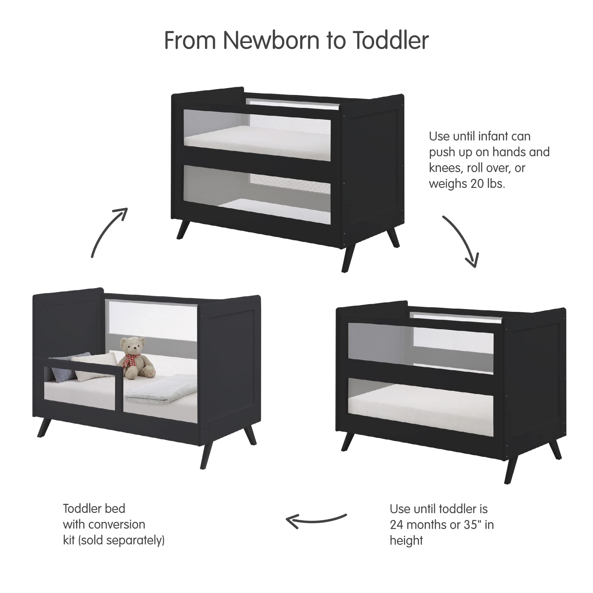 Breathable Mesh 3-in-1 Convertible Crib (Toddler Bed Kit Sold Separately) — Black