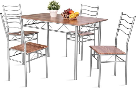 Dining Table Set for 4, Compact Rectangular Kitchen Table w/Metal Frame, PU Cushion