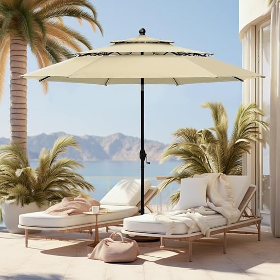 10ft Outdoor Patio Umbrella, Auto-Tilt Market Table Umbrellas with Crank
